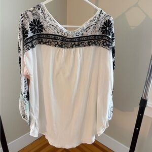 Free People White Tunic with Black Floral Yoke